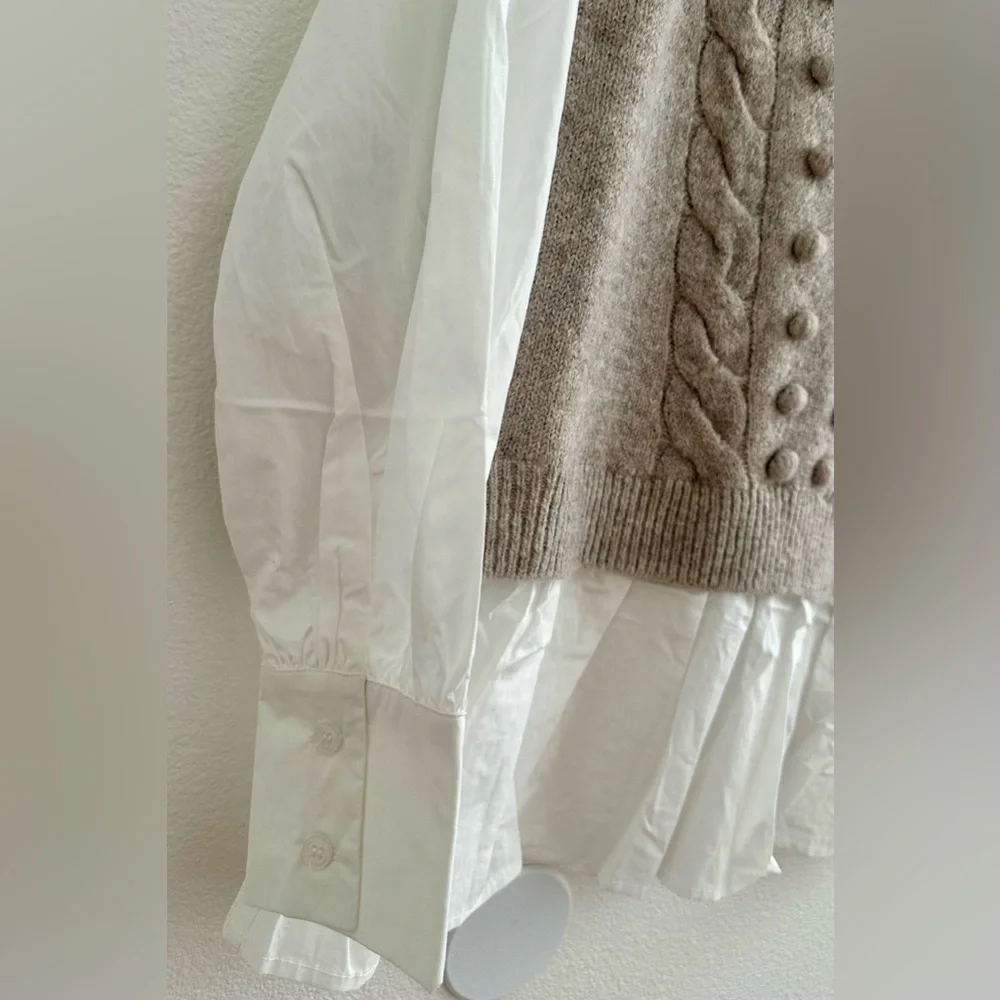 NEW Fate Tan Crew Neck Cable Knit Sweater Vest with Attached white Blouse - Picture 5 of 7